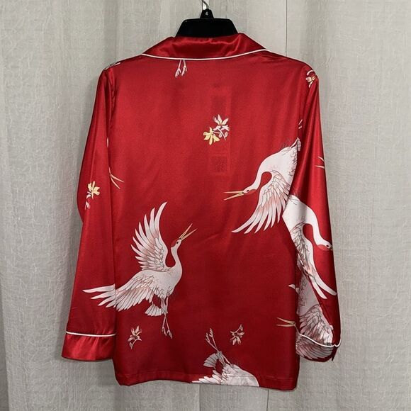 DALIA MACPHEE M & LβRed White Satin Ibis Bird Print Long Sleeve Long Pant PJ Set - Picture 9 of 16